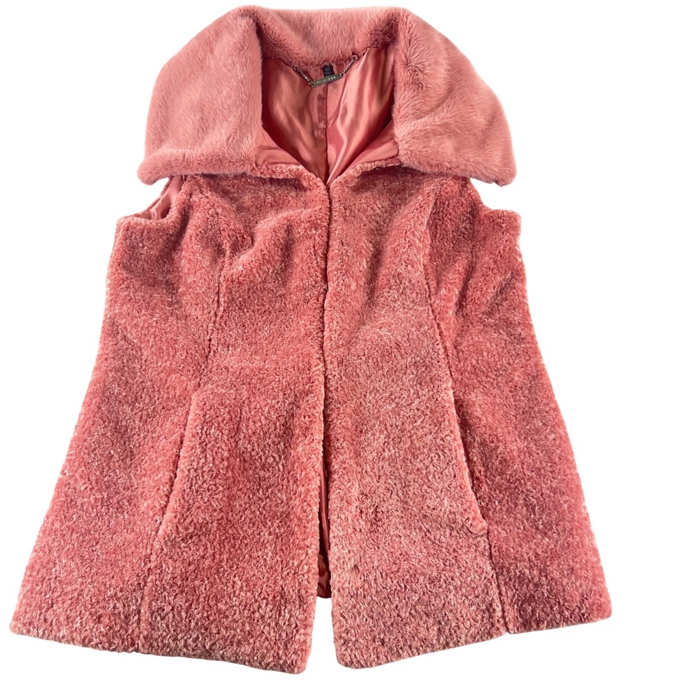 White House Black Market Faux Fur Vest Womens M Pink Plush Teddy Glam Layering